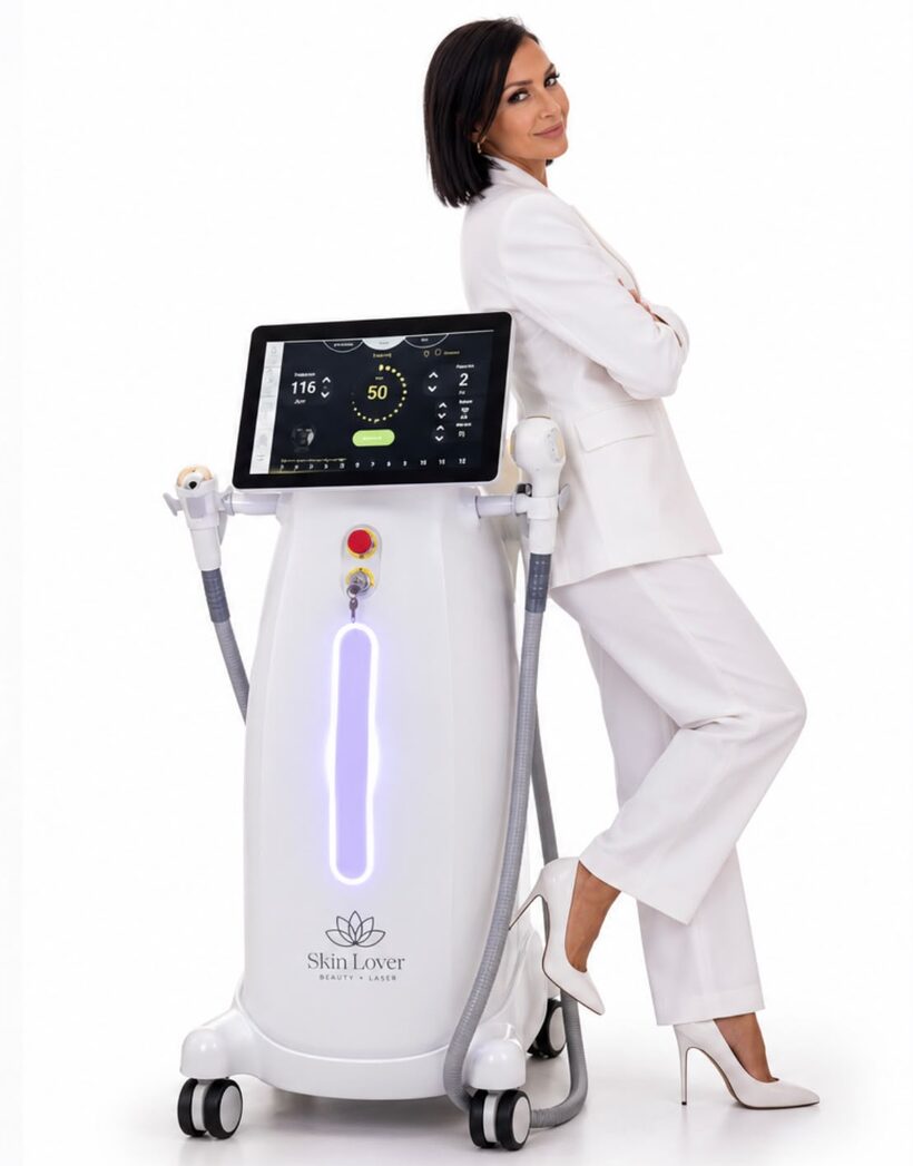 Merima Fazlic im weißen Anzug am Laser-Gerät von Skin Lover